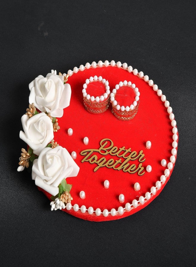 Mridang Engagement Wedding Ring Platter Better Together Thali | Wedding Ring Platter | Marriage Décor | Engagement Tray (Red,White) velvet - Image 2